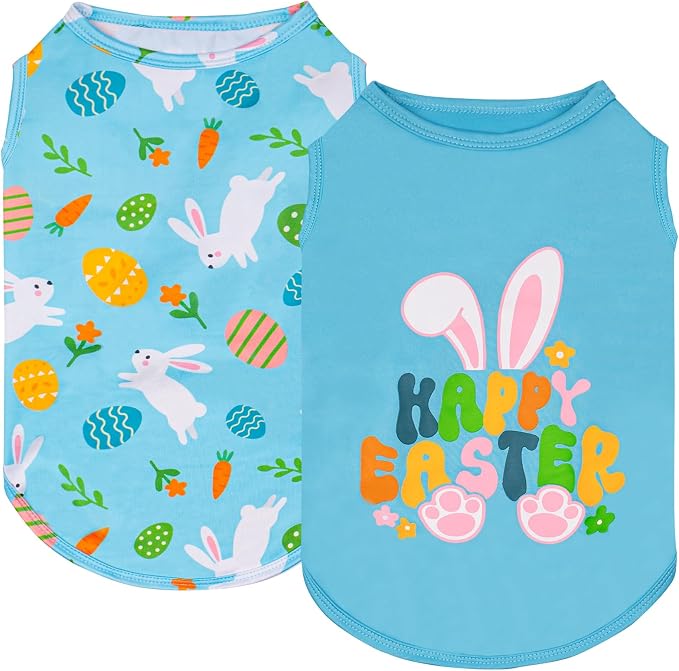 KYEESE 2Pack Easter Dog Shirt, Breathable Tank Top Sleeveless Dog T Shirts for Small Dogs Boy Girl, Lightweight Dogs Clothes Pet Outfit for Holiday, Blue+Bunny, M