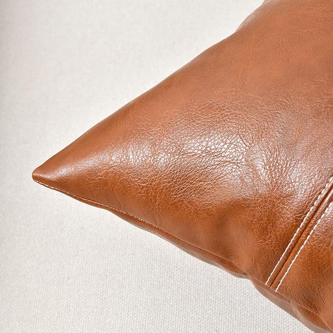 Fancy Homi Brown Boho Long Lumbar Faux Leather Decorative Throw Pillow Covers 14x24 Inch for Living Room Couch Bed Sofa, Hand Stitched Rectangle Cushion Case, Rustic Modern Farmhouse Home Decor