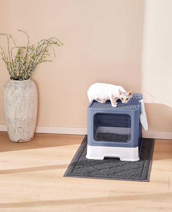 Medario Cat Litter Box with X-Large Litter Mat and Scoop(Upgrade Midnight) | Large Covered Litter Box with Lid, Enclosed Kitty Box,Front Top Entry Exit, Odor Control Easy to Clean