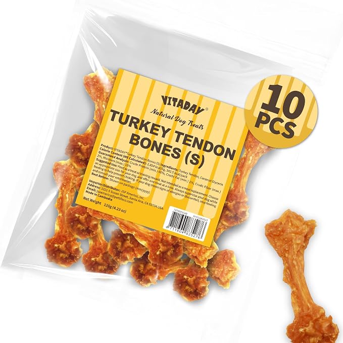 VITADAY All Natural Turkey Tendon Dog Treats Bone (S) 10 Pcs Value Pack | Long-lasting dog training treats, Rawhide-free made of USA-sourced turkey