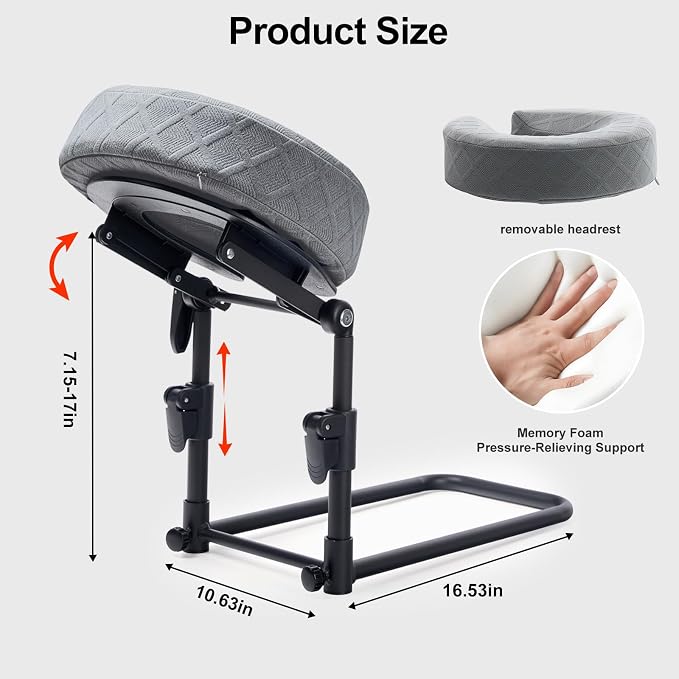 Massage Headrest for Bed, Adjustable Height Memory Foam Face Cradle with Washable Pillowcase, Gray