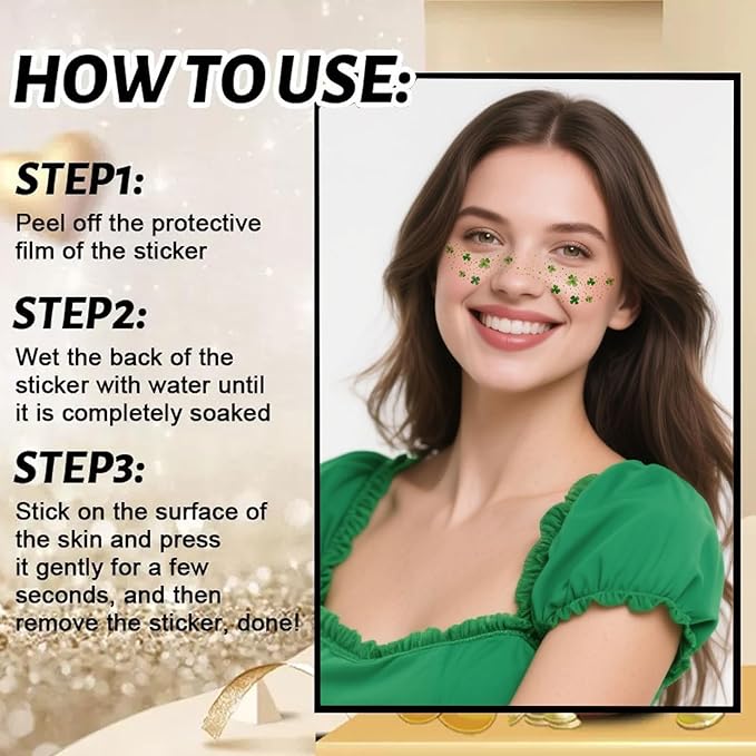 St. Patrick's Day Temporary Tattoos - Glitter Green Lucky Clover Freckle Tattoos, Shamrock Face & Body Decals for Irish Party, Festival Makeup, Kids & Adults (6 Sheets, Waterproof)