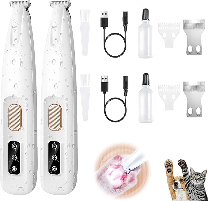 2PCs Dog Paw Trimmer with LED Light,35dB Low Noise Precision Pet Paw Trimmer for Dogs Cats Grooming Clippers,Safety Electric Paw Hair Trimmer for Paws,Ears,Rump,Face,Eyes,Dog