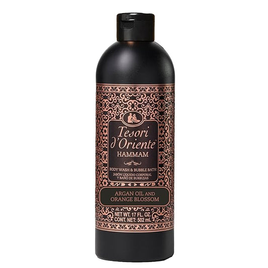Tesori d’Oriente Hammam Body Wash & Bubble Bath, 17.5 fl oz, Gentle, Hydrating Shower Gel with Argan Oil & Vitamin E, Warm Orange Blossom Scented, No Silicones, Parabens & Mineral Oil