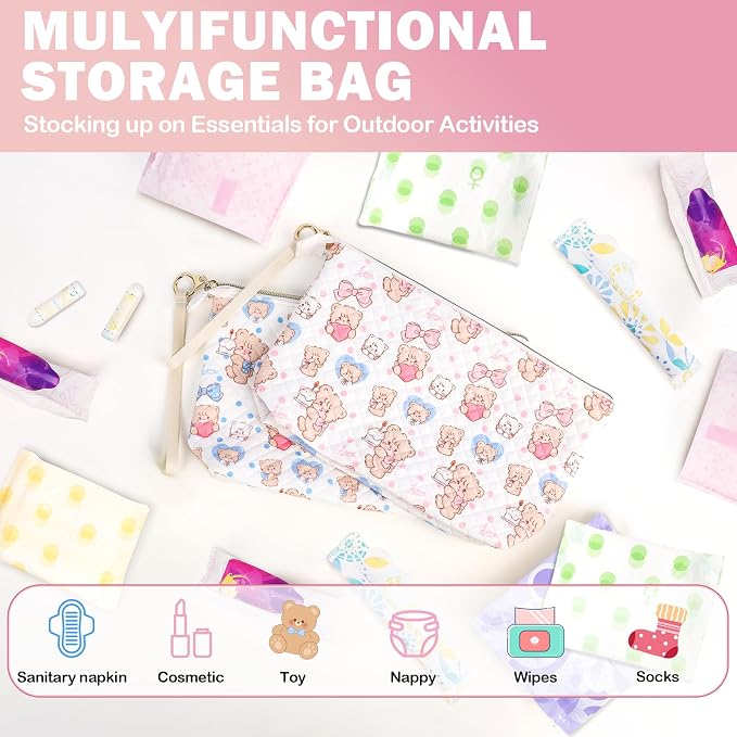 Period Bag for Teen Girls, Quilted Sanitary Napkin Storage Bag, Cute Bears Menstrual Pad Pouch Tampon Holder (Large-Pink)