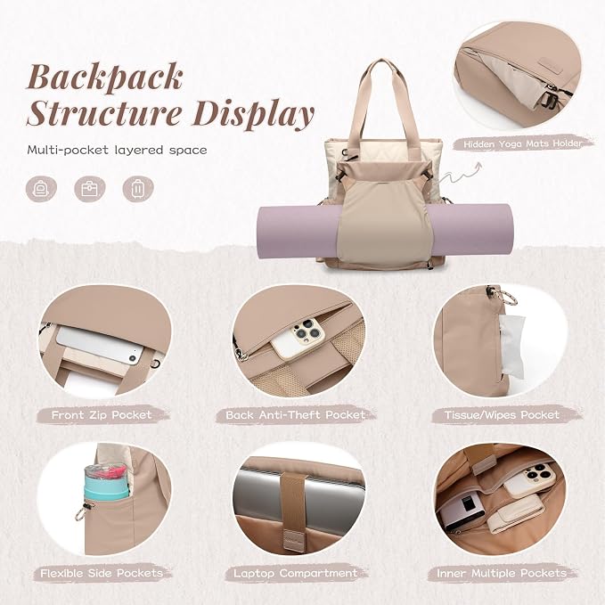 GOLF SUPAGS 3-in-1 Laptop Tote Backpack for Women 15.6" Quilted Work Gym Bag with Hidden Yoga Mat Carrier for Travel Leisure (Gravel Brown & Beige)