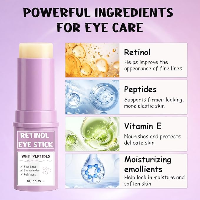 Retinol Eye Stick, Anti-Aging Under Eye Cream & Eye Balm Stick for Dark Circles and Fine Lines, Hydrating Eye Wrinkle Cream with Peptides, Travel-Friendly Eye Care for Smoother-Looking Skin, 0.38 oz