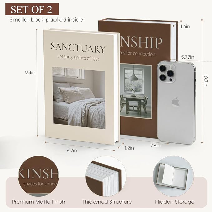 Decorative Book Boxes for Coffee Table Decor (Set of 2) - Faux Books with Hidden Storage - Modern Warm Luxury & Neutral Home Accents - Sanctuary & Kinship (Chocolate Brown & Beige)
