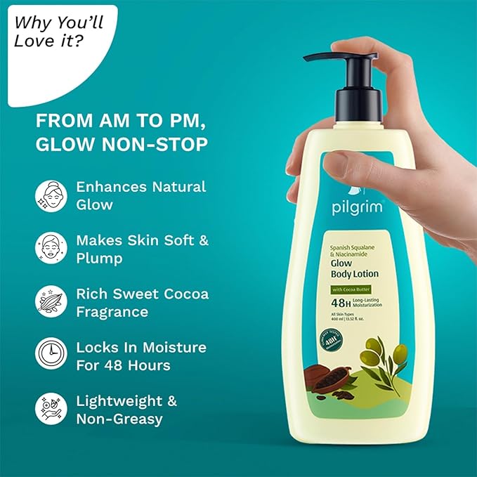 Pilgrim Glow Body Lotion with Spanish Squalane & Niacinamide | Lightweight Daily Moisturizer for Dry, Dull Skin | Long-Lasting Hydration & Smooth Feel | 13.53 Fl Oz (400ml)