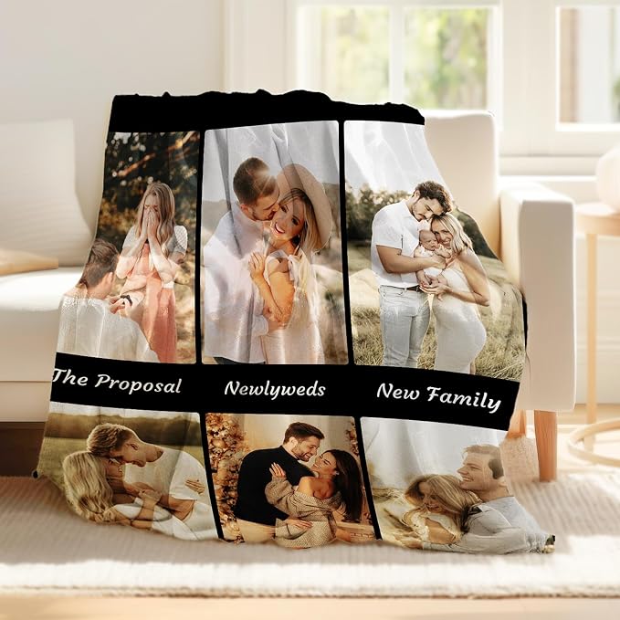 iDIY Custom Blanket with Picture and Text - Ships Next Day - Personalized Photo Throw - Customized Gifts for Family and Couples - 6 Photos