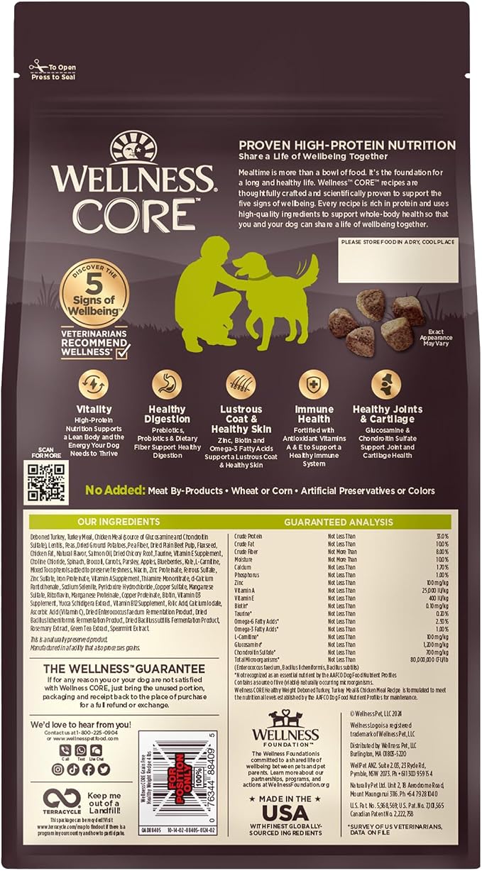Wellness CORE Healthy Weight Adult Dry Dog Food, Grain Free Kibble, Natural, High Protein, Turkey and Chicken Recipe, 4 lb Bag
