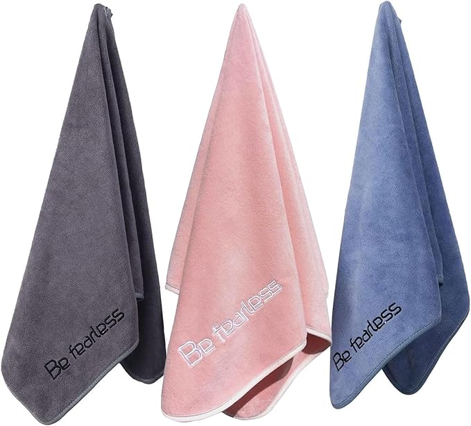 Microfiber Gym Towels Bigger Size Super Soft for Exercise Fitness, Sports, Workout, 380-GSM 15-Inch x 31-Inch Quick-Drying Towels (Blue-Pink-Grey, 3 Pack)