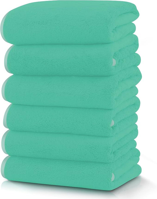 TENSTARS Silk Hemming Hand Towels for Bathroom - Quick Drying - Ultra Soft Microfiber Absorbent Towel for Bath Fitness, Gym, Shower, Hotel, and Spa - 16x28 Inch | Set of 6, Aqua Green