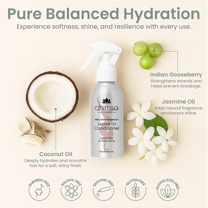 Ahimsa Pre & Post Workout Leave-In Conditioner, Lightweight Hydrating Leave In Conditioner for Curly, Wavy & All Hair Types, Anti-Frizz Heat Protectant, Water-Based with Coconut Oil & Jasmine (4oz)