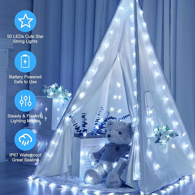 Minetom Star String Lights Battery Operated - 17 ft 50 LED Star Fairy String Lights with Timer, Waterproof for Indoor Bedroom Tent Loft Bed Patio Party Wedding Decor, White