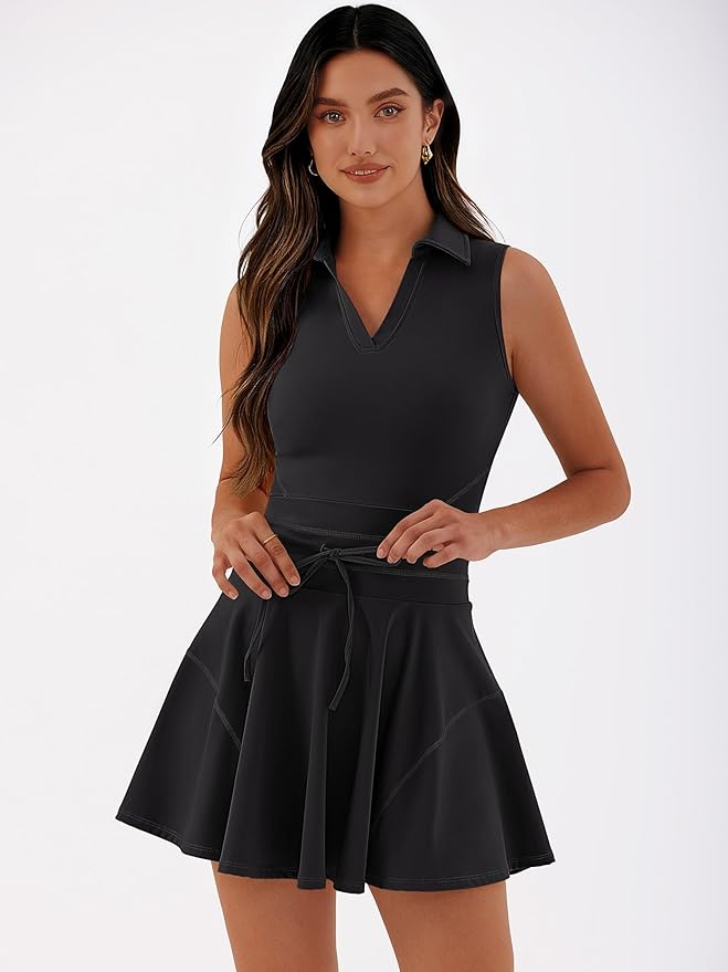 Caracilia Women's 2 Piece Tennis Dress Set-Polo Neck Sleeveless Mini Dresses with Shorts,Golf Casual Workout Athletic Sports