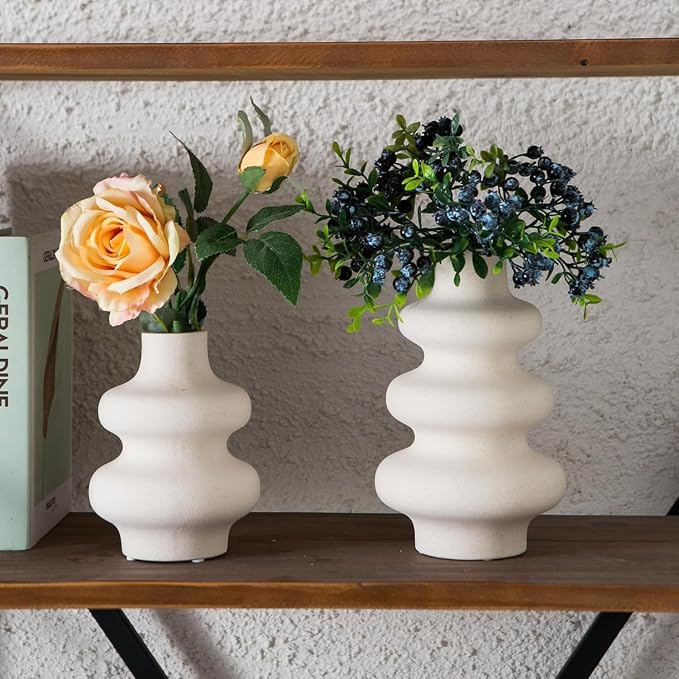 Ceramic Vase Set of 2 - Off White Boho Round Vases, Modern Pampas Vases, Dried Flower Vase Home Decor for Centerpieces Wedding Dinner Table Party Living Room Office Bedroom