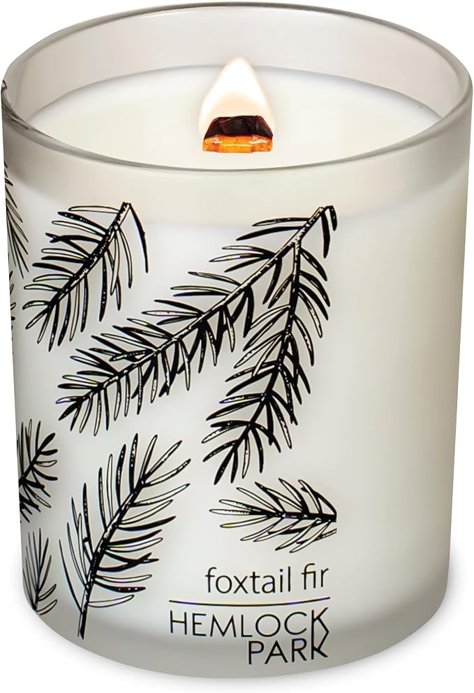 Hemlock Park Foxtail Fir Frosted Scented Candle | Crackling Wood Wick, Botanical Fragrance & Coconut Apricot Wax | Up to 50 Hour Burn Time | 7.2 oz | Made in USA