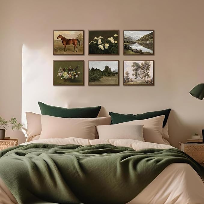 Mynotix Vintage Poster Set of 6, Rustic Eclectic Wall Art, Horse Floral Wall Decor Botanical Mountain Range Canvas Paintings Prints Artwork for Living Room Bedroom Farmhouse 8x10 inch Unframed