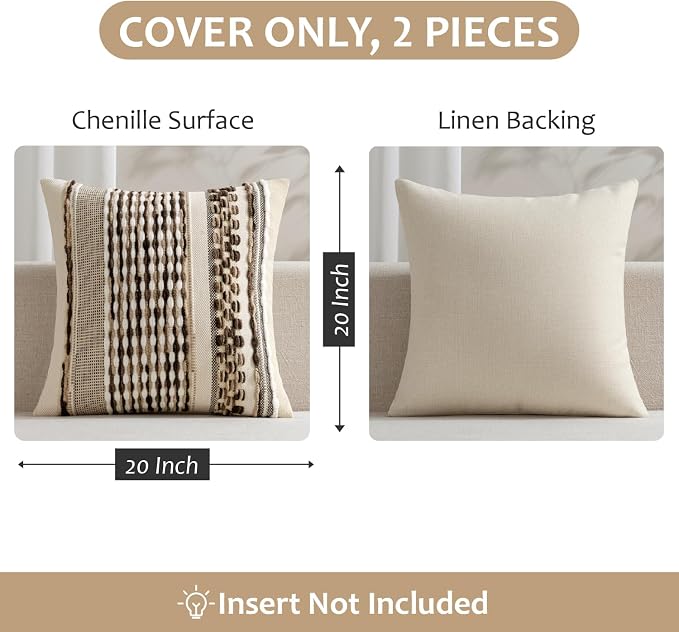 ANRODUO Boho Decorative Pillow Covers Dark Brown Stripe 20x20 Pack of 2 | Throw Pillow Covers, Farmhouse Cushion Case, Chenille Pillow Cases, Pillow Covers, Accent Neutral Pillowcase for Couch Bed