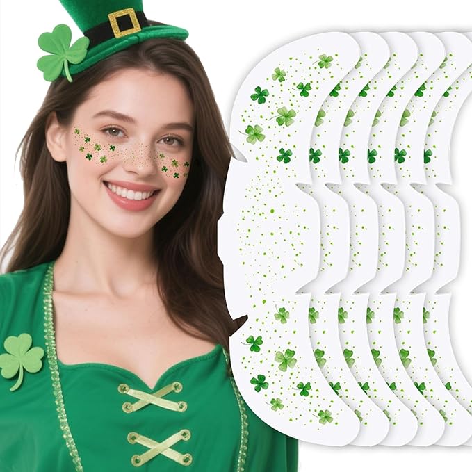 St. Patrick's Day Temporary Tattoos - Glitter Green Lucky Clover Freckle Tattoos, Shamrock Face & Body Decals for Irish Party, Festival Makeup, Kids & Adults (6 Sheets, Waterproof)