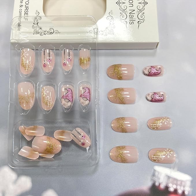Christmas Glitter Gnome Press on Nails Medium Oval Acrylic False Nails Winter Xmas Snowflake Glue on Nails Glossy Christmas Fake Nails for Women Girls