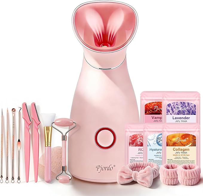 Pjordo Facial Steamer Spa Kit, 12 Skin Care Tools & 5 Jelly Mask Powder, Nano Ionic Steamer for Facial Deep Cleaning Unclog Pores Sinuses, Warm Mist Humidifier for Home SPA, Valentines Gifts for Women