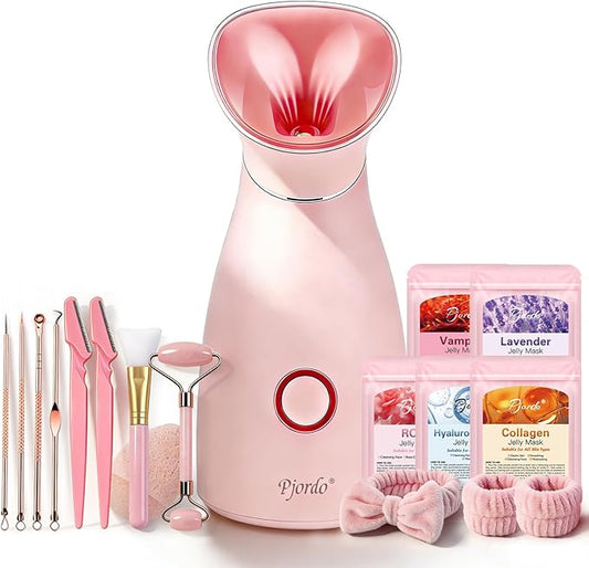 Pjordo Facial Steamer Spa Kit, 12 Skin Care Tools & 5 Jelly Mask Powder, Nano Ionic Steamer for Facial Deep Cleaning Unclog Pores Sinuses, Warm Mist Humidifier for Home SPA, Valentines Gifts for Women
