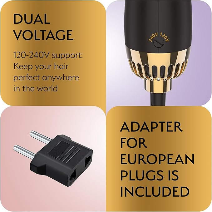 Professional Blowout Hair Dryer Brush, Manual Dual Voltage for European Travel 110V-120V/220V-240V, Black Gold Dryer and Volumizer, Hot Air Brush for Women, 2.4 INCHES Oval Shape