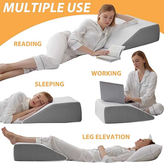 Bedluxe Leg Elevation Pillows, Leg Pillows for Sleeping, Cooling Gel Memory Foam Top, Wedge Pillow for Legs, Leg Wedges for Circulation, Swelling, After Surgery - Removable Cover (6 Inch, White/Grey)