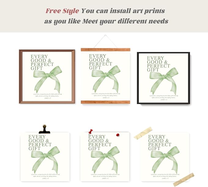 LARTSFRO Coquette Sage Green Bow Wall Art Decor Posters, Sage Green Bow Room Bedroom Bathroom Wall Art Decor Aesthetic for Teen Girls Gifts, Inspirational Bible Verses Bow Wall Decor, 10x10 Inch Set of 4 Bow Pictures Unframed