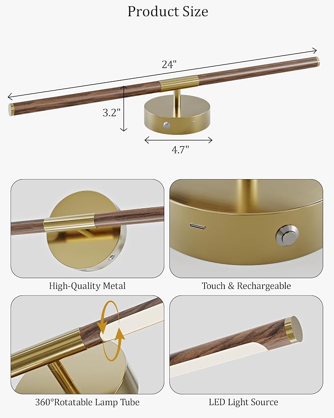 24" Battery Operated Wall Sconce Set of 2, 350° Rotating Lamp, Walnut Gold | Wireless, 8000mAh Rechargeable Battery, Stepless Dimming, 3000K-6000K, Remote & Touch Control, Timer, Living Room, Bedroom