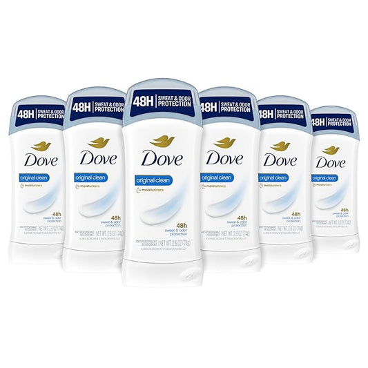 Dove Invisible Solid Antiperspirant Deodorant Stick for Women, Original Clean, For All Day Underarm Sweat and Odor Protection 2.6 oz, Pack of 6