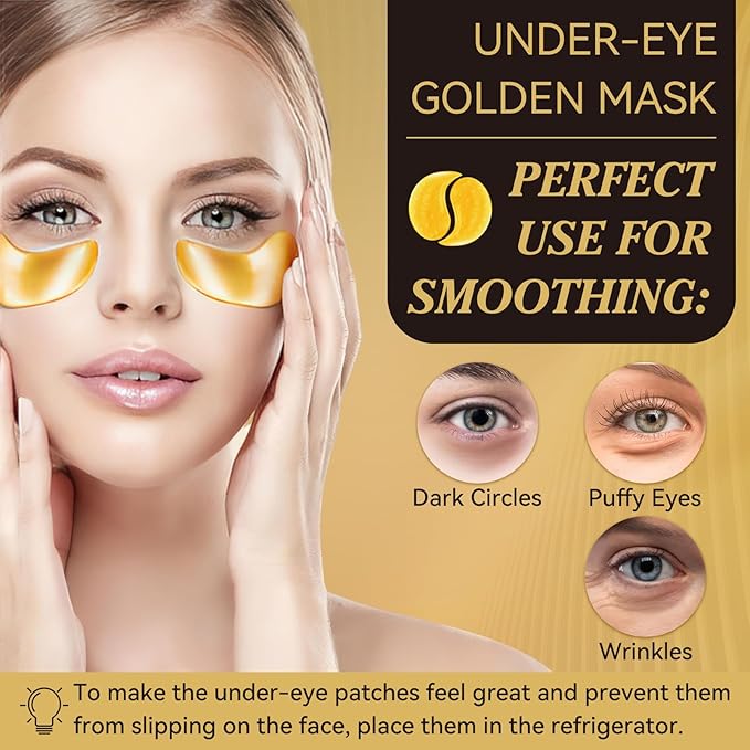 24k Gold Under Eye Patches, 60 Pcs Hydrogel Eye Mask Skincare with Collagen and Hyaluronic Acid for Puffiness, Dark Circles and Fine Lines, Cooling Under Eye Mask for Women and Men