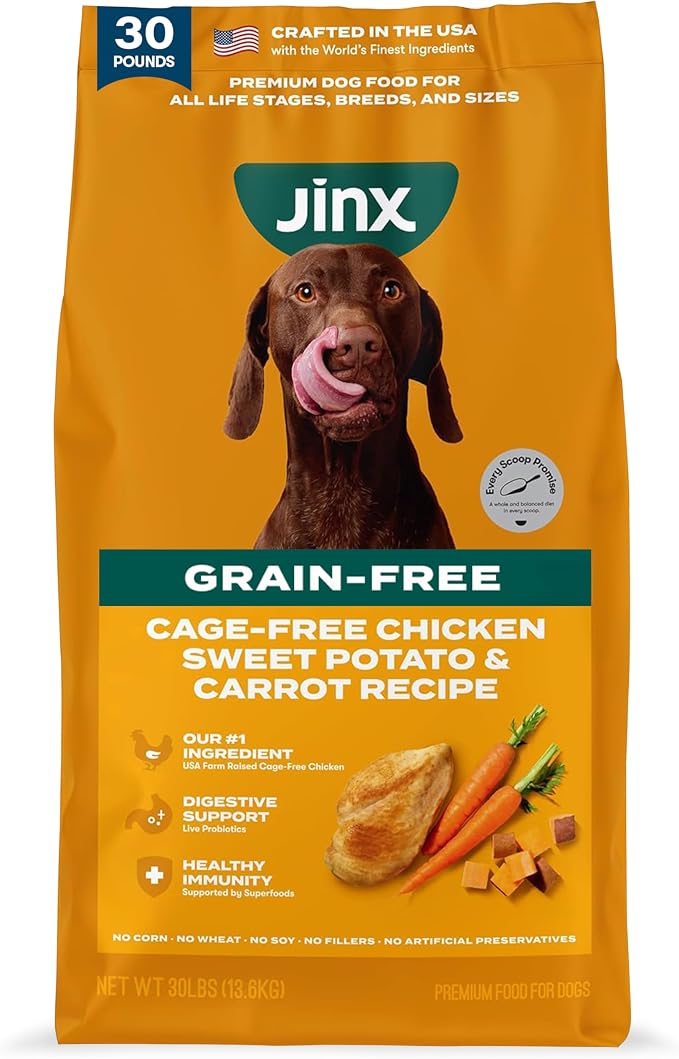 Jinx Grain Free Dry Dog Food - Real Chicken, Sweet Potato & Carrot, 30lb | Premium Kibble for Digestive Support & Healthy Immunity - No Fillers, All Lifestages (Puppy, Adult & Senior), Breeds & Sizes