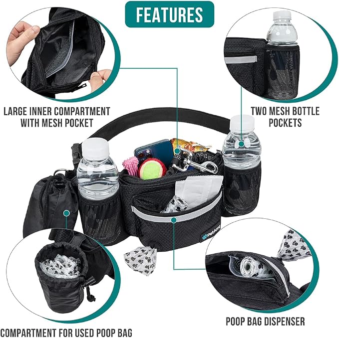 PetAmi Dog Fanny Pack, Treat Pouch for Dog Walking Training, Black | Built in Poop Bag Dispenser, Water Bottle Holder, Collapsible Bowl, Pet Treat Waist Belt for Hiking Running Kibbles
