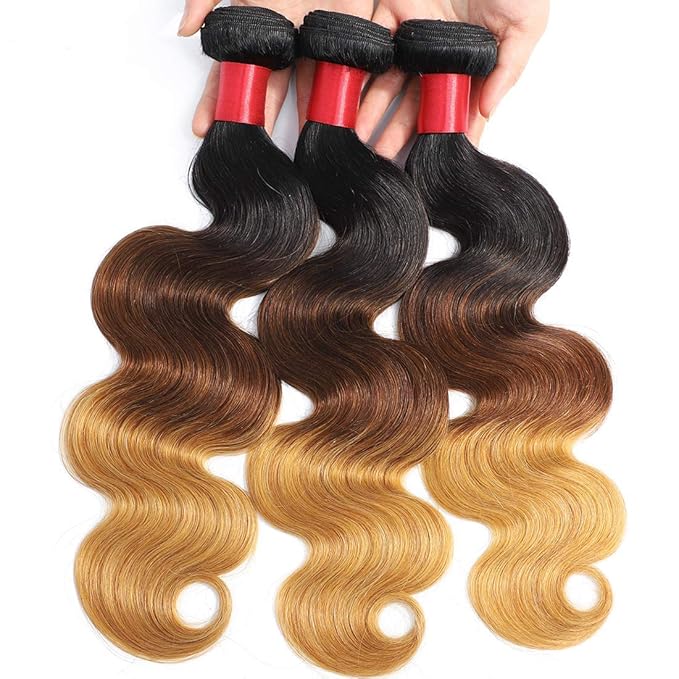 Ombre Human Hair Bundles 1b/4/27 Brazilian Three Tone Ombre Body Wave Human Hair One Bundle 12inch 100% Unprocessed Virgin Hair Bundles Weaves Extensions for Women