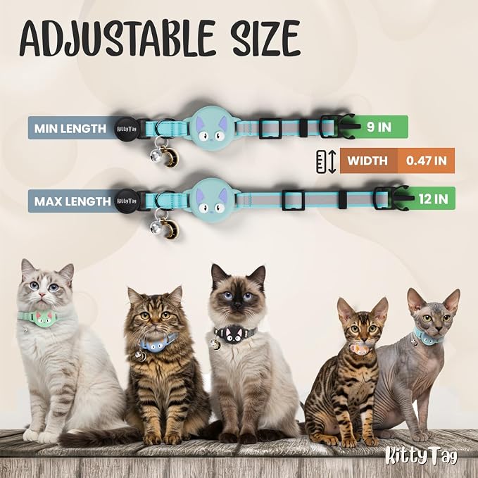 AirTag Cat Collar – Breakaway Reflective & Waterproof Collar with Built-in Holder, Adjustable with Bell for Indoor/Outdoor Cats – AirTag Not Included, Turquoise (9-12")