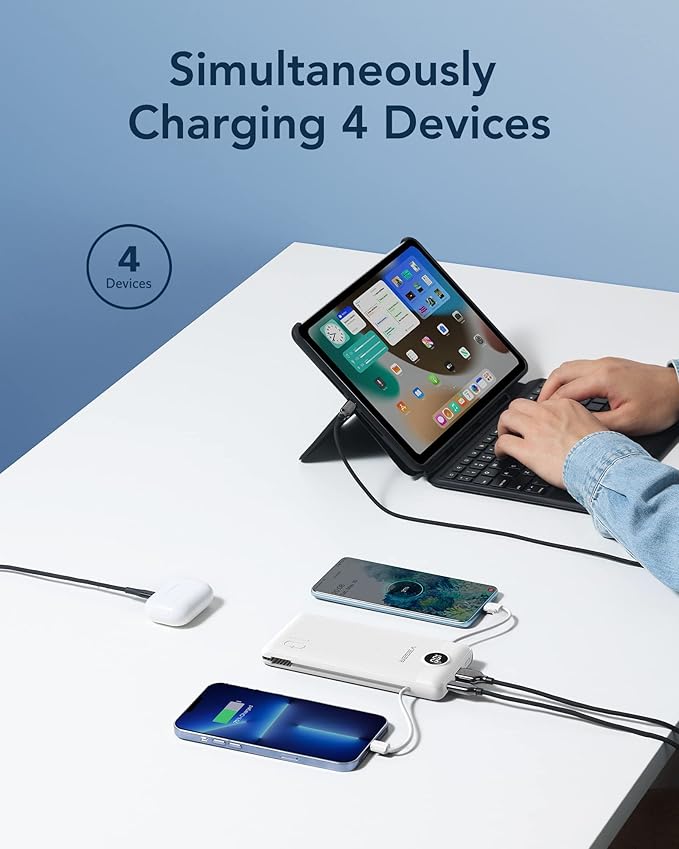 VEGER Portable Charger with Built-in AC Plug and Cables, All in One 10000mAh Ultra Slim Power Bank Travel Essentials, 15W Fast Charging Battery Pack Compatible with iPhone, Samsung, Android (White)