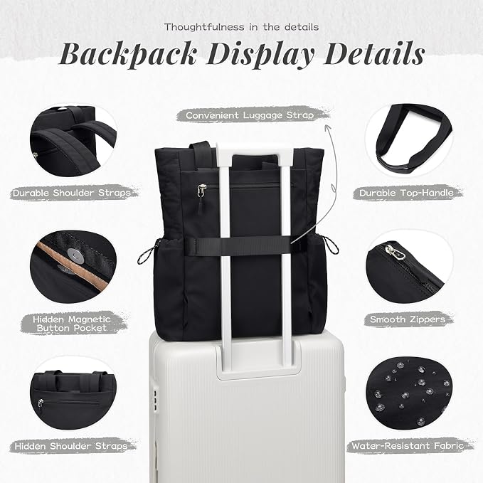 GOLF SUPAGS 3-in-1 Laptop Tote Backpack for Women 15.6" Quilted Work Gym Bag with Hidden Yoga Mat Carrier for Travel Leisure (Black)