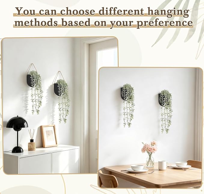 Dahey 2 Pack Wall Planter Vase with Hanging Fake Plants for Bathroom Decor | Eucalyptus Wall Plants, Boho Farmhouse Wood Wall Art Decor for Living Room Bedroom Kitchen Home Office, 2 Ways to Hang, Black
