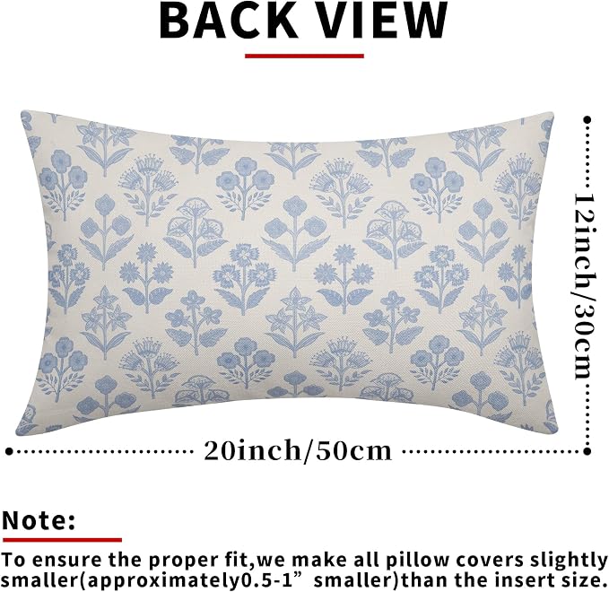 Baby Blue Floral Pillow Covers 12x20 Inch Set of 2, Vintage Flower Block Print Pattern Decorative Throw Pillowcases Outdoor Farmhouse Cushion Covers Spring Summer Rustic Sofa Couch Bed Decor