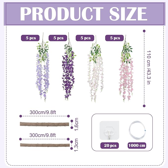 Wisteria Hanging Vines Flowers, Fairy Classroom Ceiling Decor | Artificial Greenery for Enchanted Parties, Purple Pink White Strands for Indoor Outdoor Garden, DIY Ceiling Decoration Set