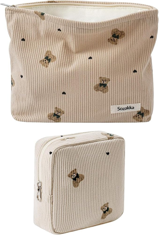uekeboag 2Pcs Cute Small Soft Corduroy Zipper Makeup Bag for Purse, Coquette Aesthetic Pouch with Bear Pattern for Women Girls, Kawaii Travel Cosmetic Bags（Taupe Set）