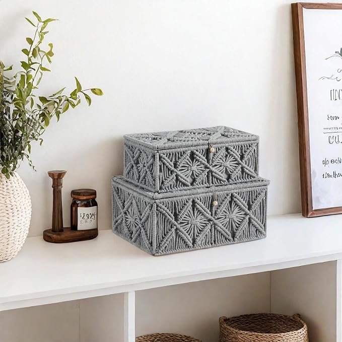 2PCS Decorative Boho Storage Basket with Lid Natural Macrame Box | Handmade Cotton Rope Woven Bins, Shelf Desk Organizer Container for Jewelry Memory Keepsake Photo Makeup, Gray, Small&Large