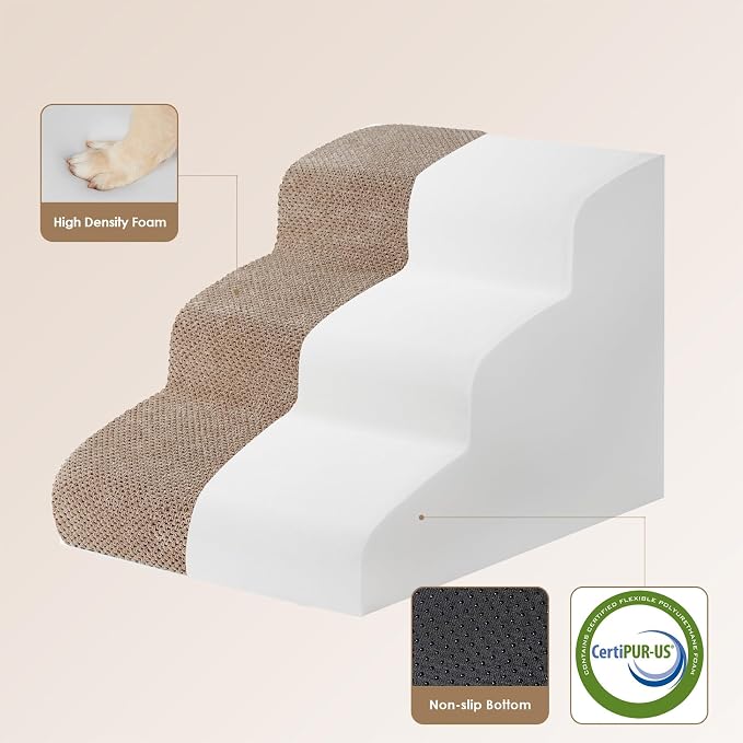 EHEYCIGA Curved Dog Stairs Ramp, 3-Step Dog Steps, 15.7" H Pet Step | 33D density of pure foam, for Small Dogs and Cats, Pet Stairs for High Bed Climbing, Non-Slip Balanced Indoor, Camel