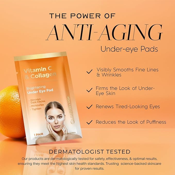 Vitamin C & Collagen Under Eye Patches – Dark Circles & Puffiness Reducer – Hydrating Anti-Aging Pads For Wrinkles – Dermatologist Tested Korean Skin Care – Clean Beauty – 8 Pairs