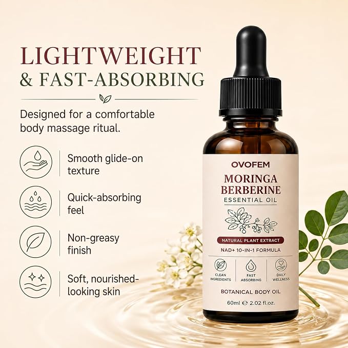 Ovofem Moringa Berberine Essential Oil, NAD+ 10-in-1 Botanical Body Massage Oil, Nourish and Smooth Skin, Fast-Absorbing Non-Greasy Formula, Daily Body Care Support, 2 fl oz