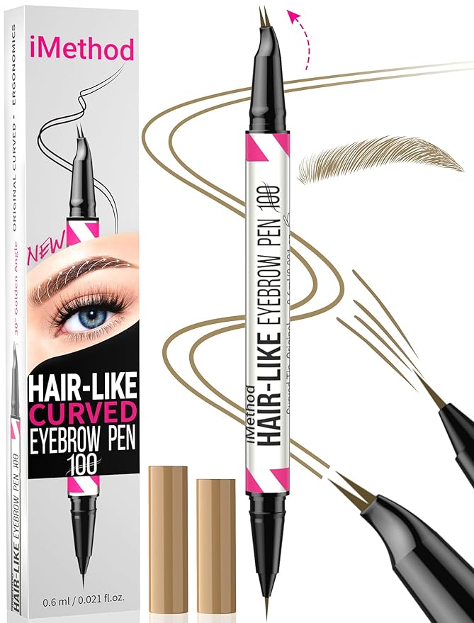 iMethod Curved Eyebrow Pen - 2-in-1 Dual-Ended Eyebrow Pencil with Curved Tip and Precise Brush-Tip, Microblading Pen for Natural Hair-Like Brows, Long Lasting, Light Brown