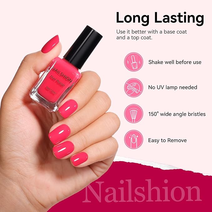 Bright Pink Nail Polish,Glossy Shine Finish,Fast Drying, Streak-free Formula, Rich in Castor Oil, Salon Quality Chip Resistant Nail Polish DIY Home Travel Nail Art Gift for Women,10ml